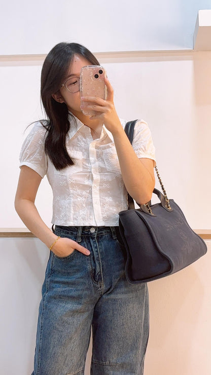 Chanel Navy Canvas Small Deauville Tote with Handle (LGHW)