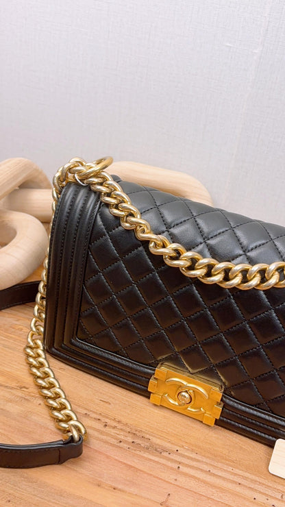 Chanel Black Lambskin Old Medium Boy Flap Bag (GHW)
