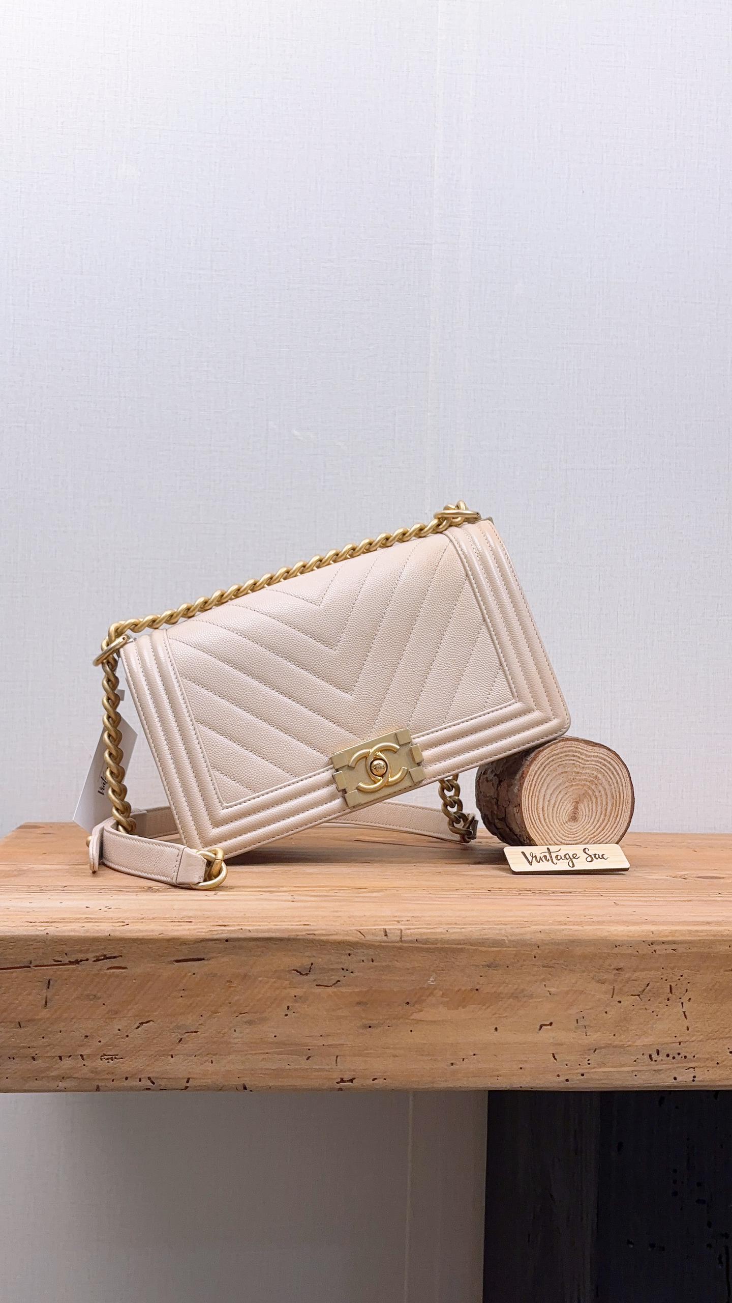 Chanel Beige Caviar Chevron Old Medium Boy Bag (GHW)