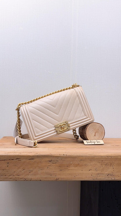 Chanel Beige Caviar Chevron Old Medium Boy Bag (GHW)