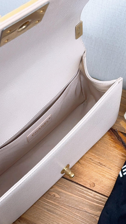 Chanel Beige Caviar Chevron Old Medium Boy Bag (GHW)