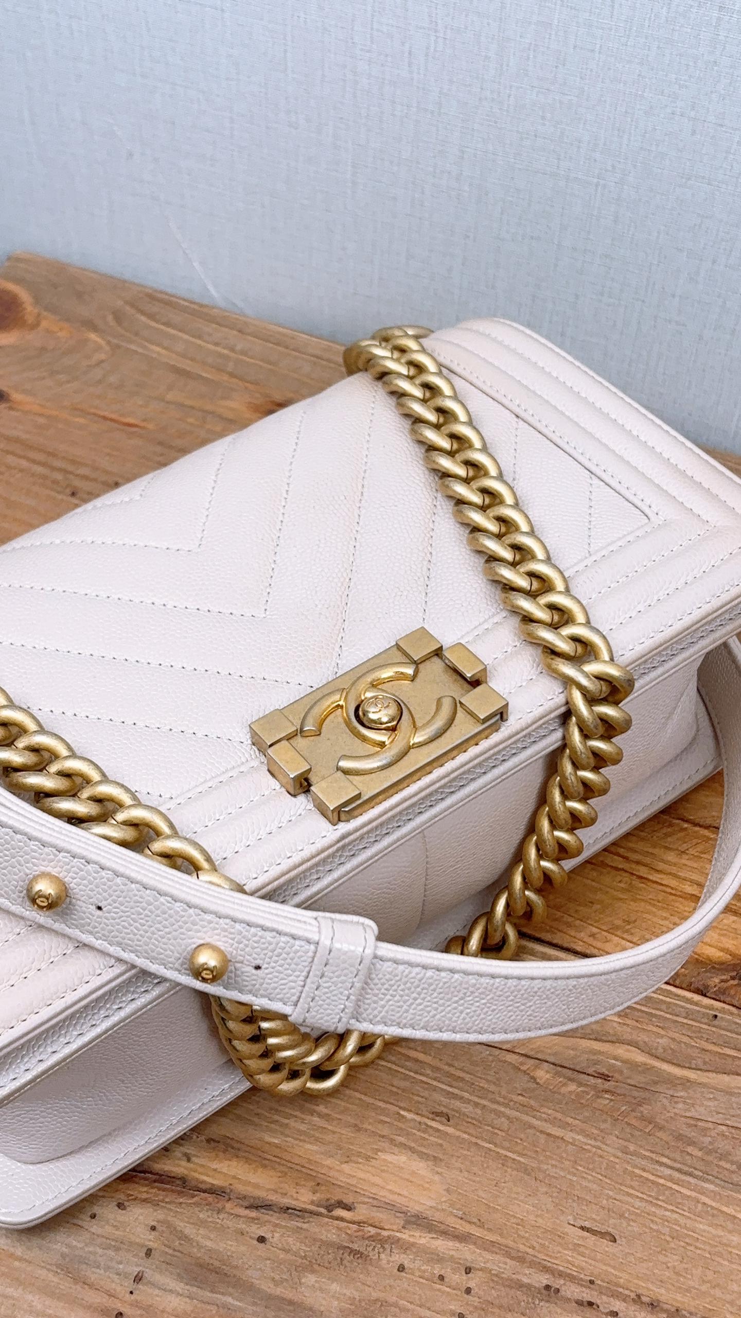 Chanel Beige Caviar Chevron Old Medium Boy Bag (GHW)
