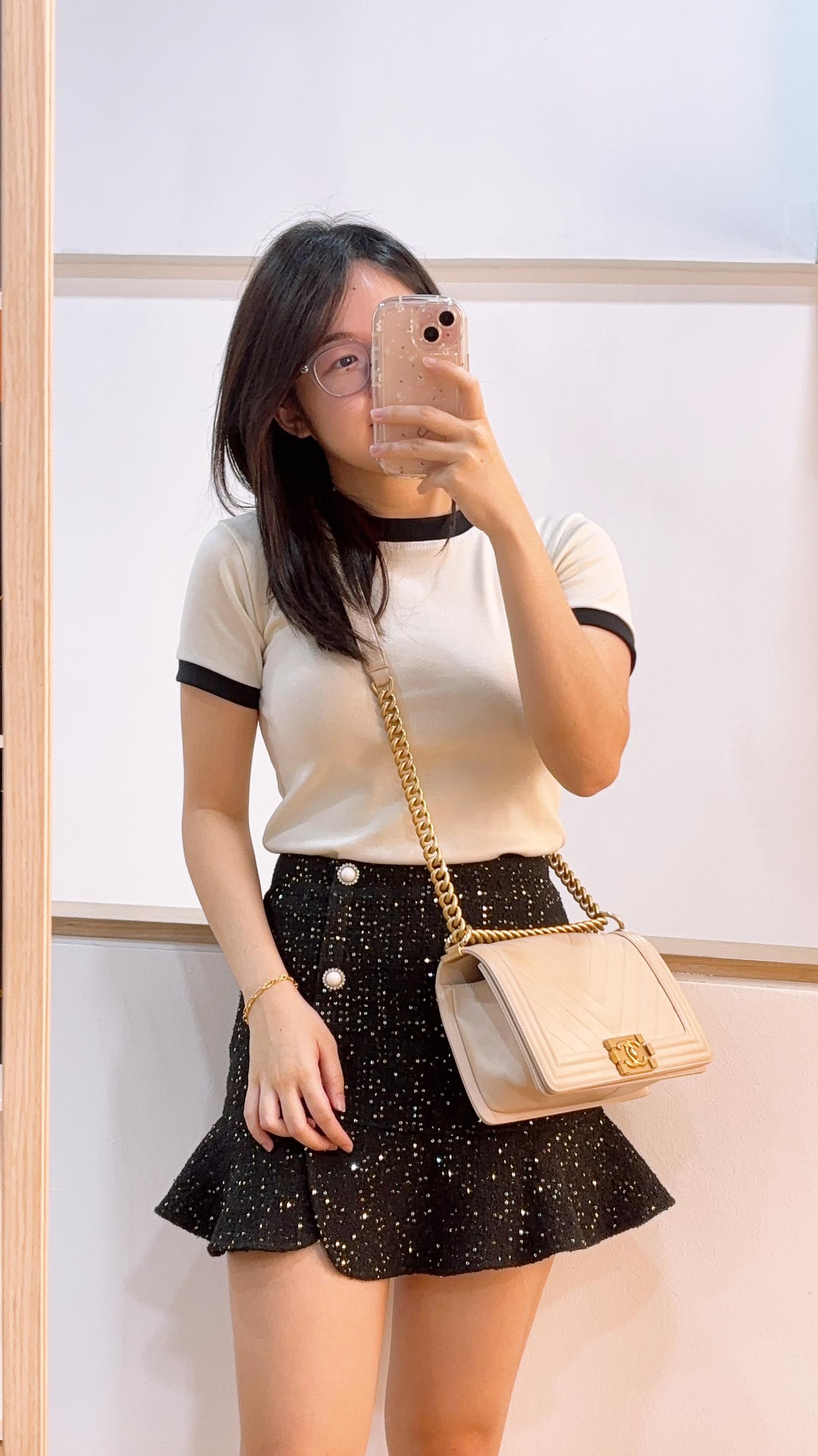 Chanel Beige Caviar Chevron Old Medium Boy Bag (GHW)