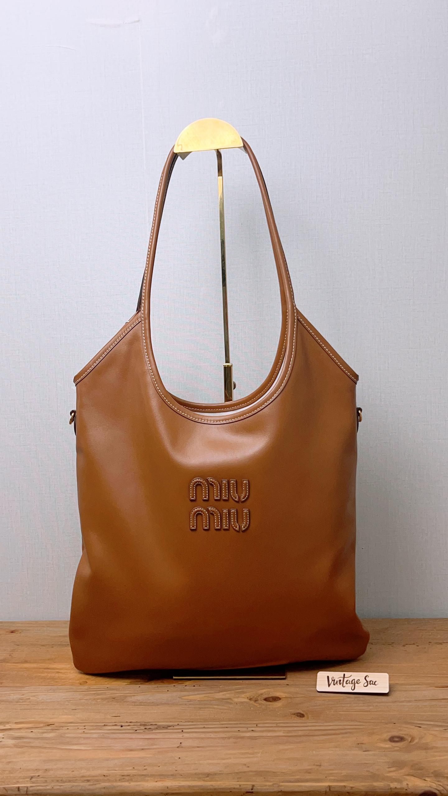 Miu Miu Brown Cognac Calfskin Medium Ivy Tote