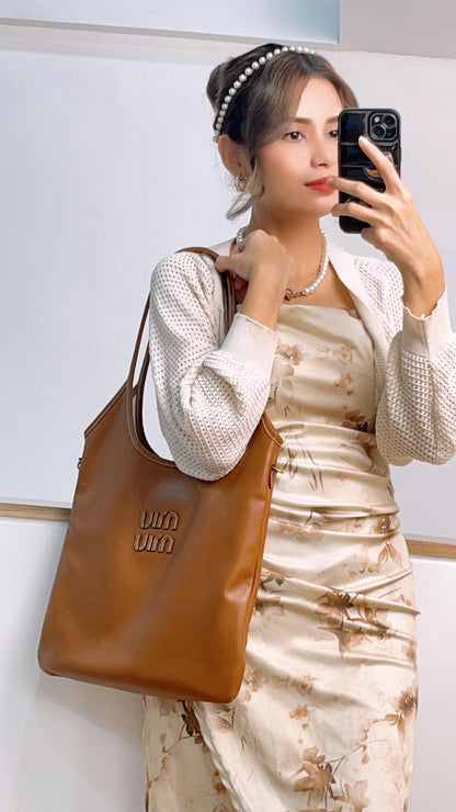 Miu Miu Brown Cognac Calfskin Medium Ivy Tote