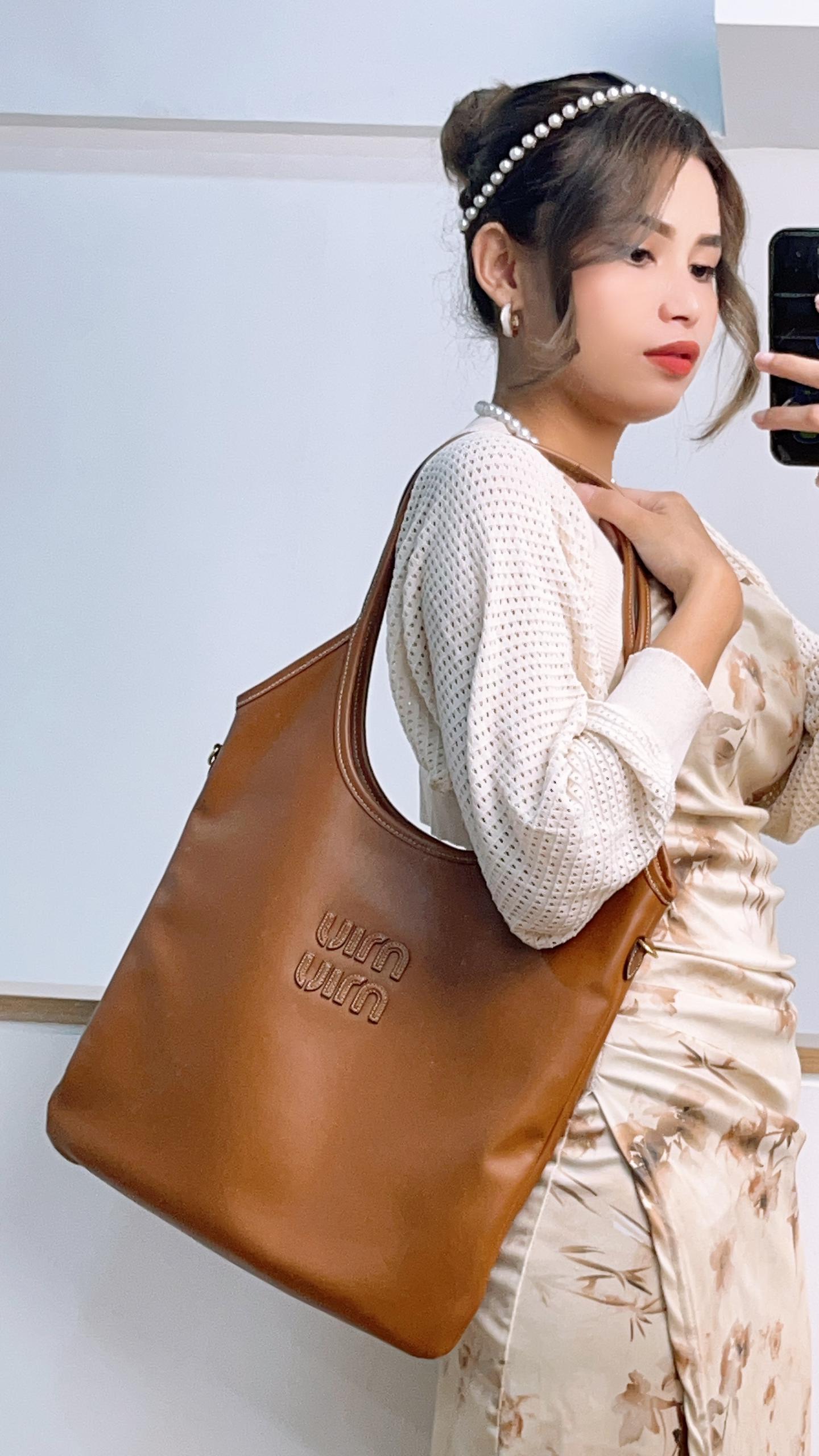 Miu Miu Brown Cognac Calfskin Medium Ivy Tote