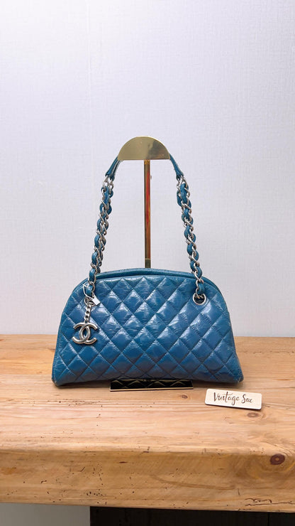 Chanel Blue Distressed Calfskin Just Mademoiselle Bowling Bag (SHW)