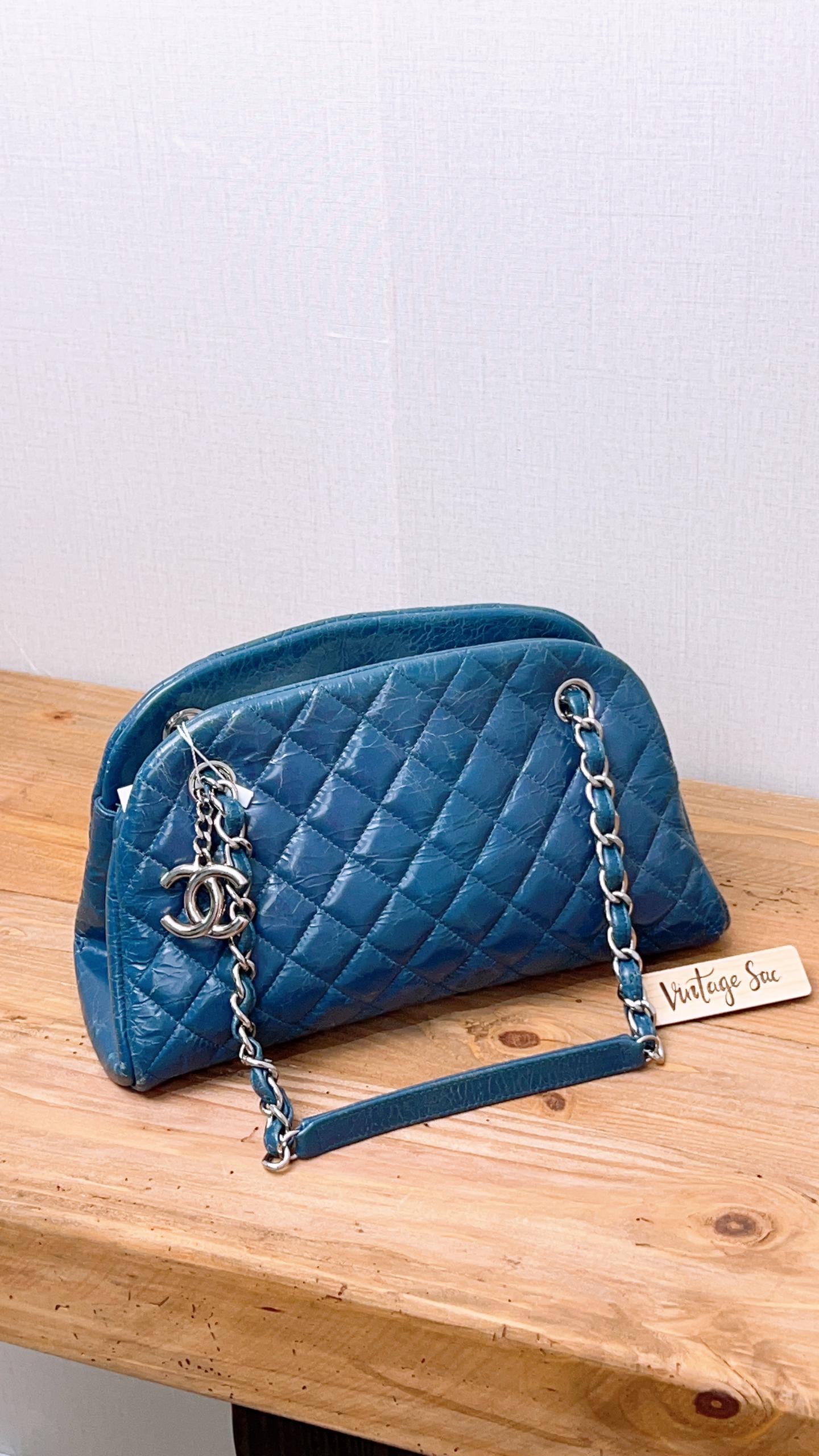 Chanel Blue Distressed Calfskin Just Mademoiselle Bowling Bag (SHW)