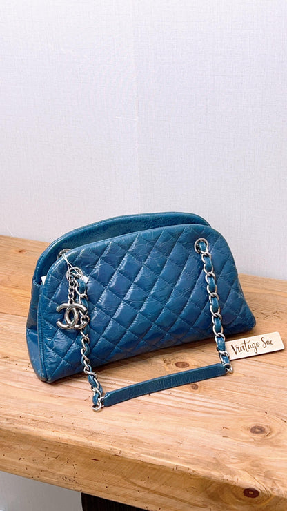 Chanel Blue Distressed Calfskin Just Mademoiselle Bowling Bag (SHW)