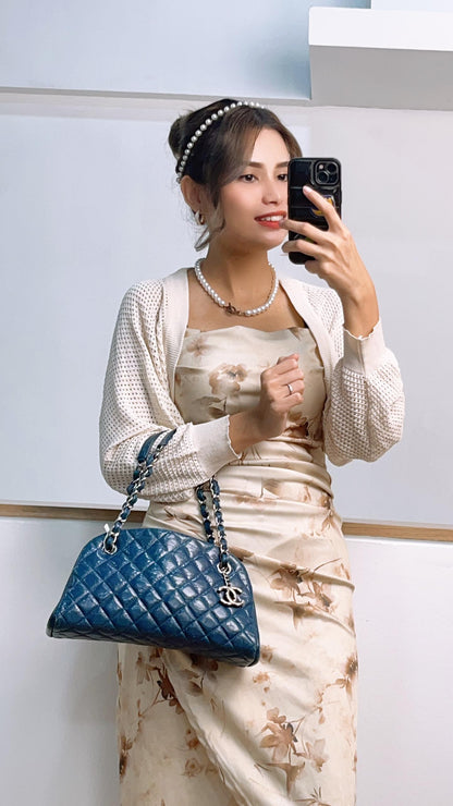 Chanel Blue Distressed Calfskin Just Mademoiselle Bowling Bag (SHW)