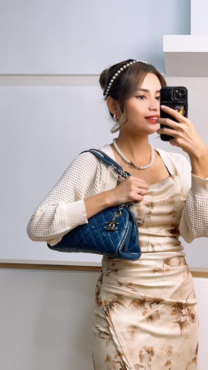 Chanel Blue Distressed Calfskin Just Mademoiselle Bowling Bag (SHW)
