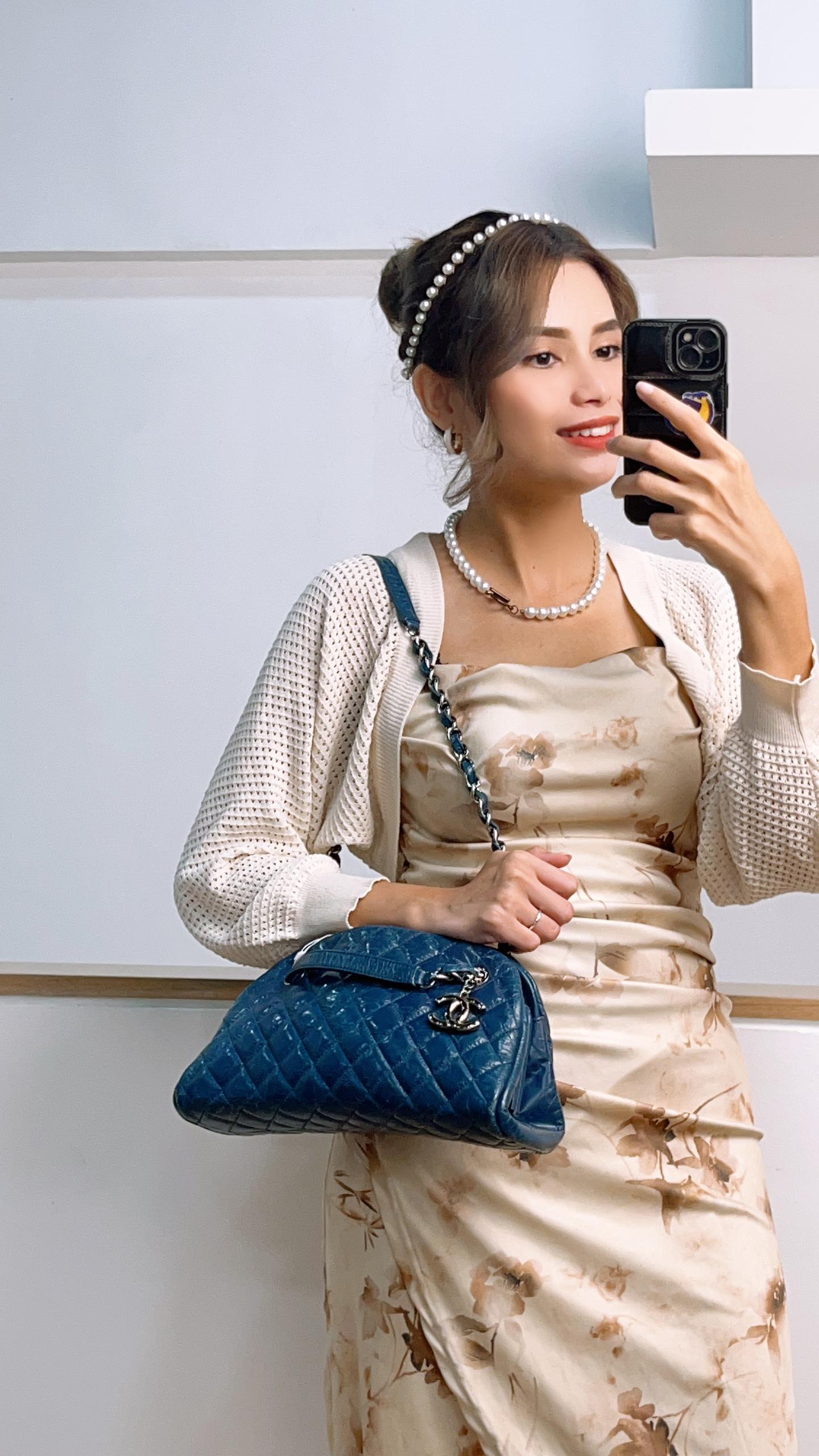 Chanel Blue Distressed Calfskin Just Mademoiselle Bowling Bag (SHW)