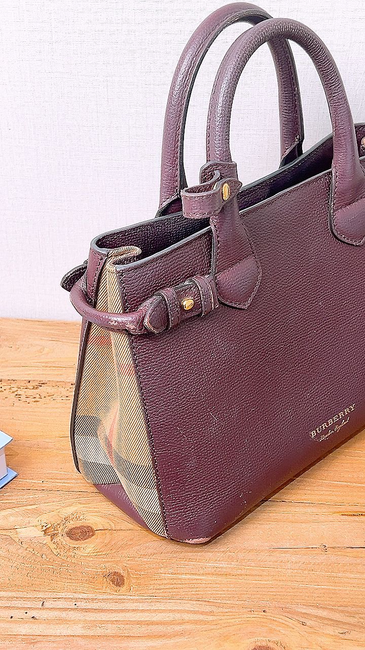 Burberry Burgundy Calfskin Banner Tote Small