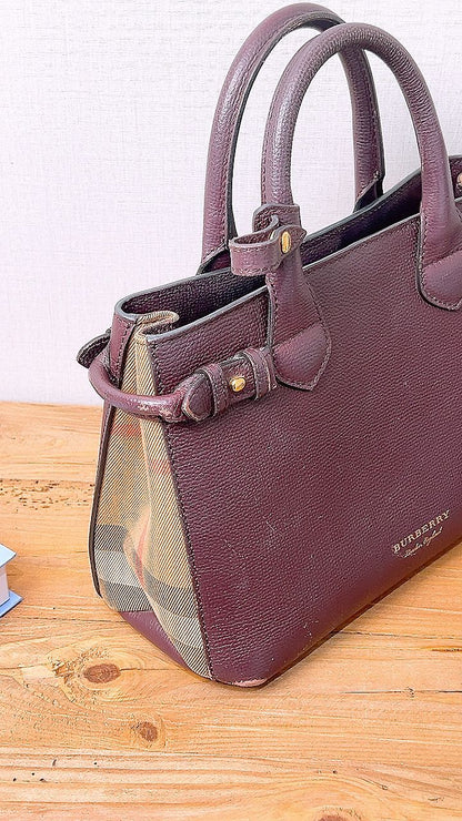 Burberry Burgundy Calfskin Banner Tote Small