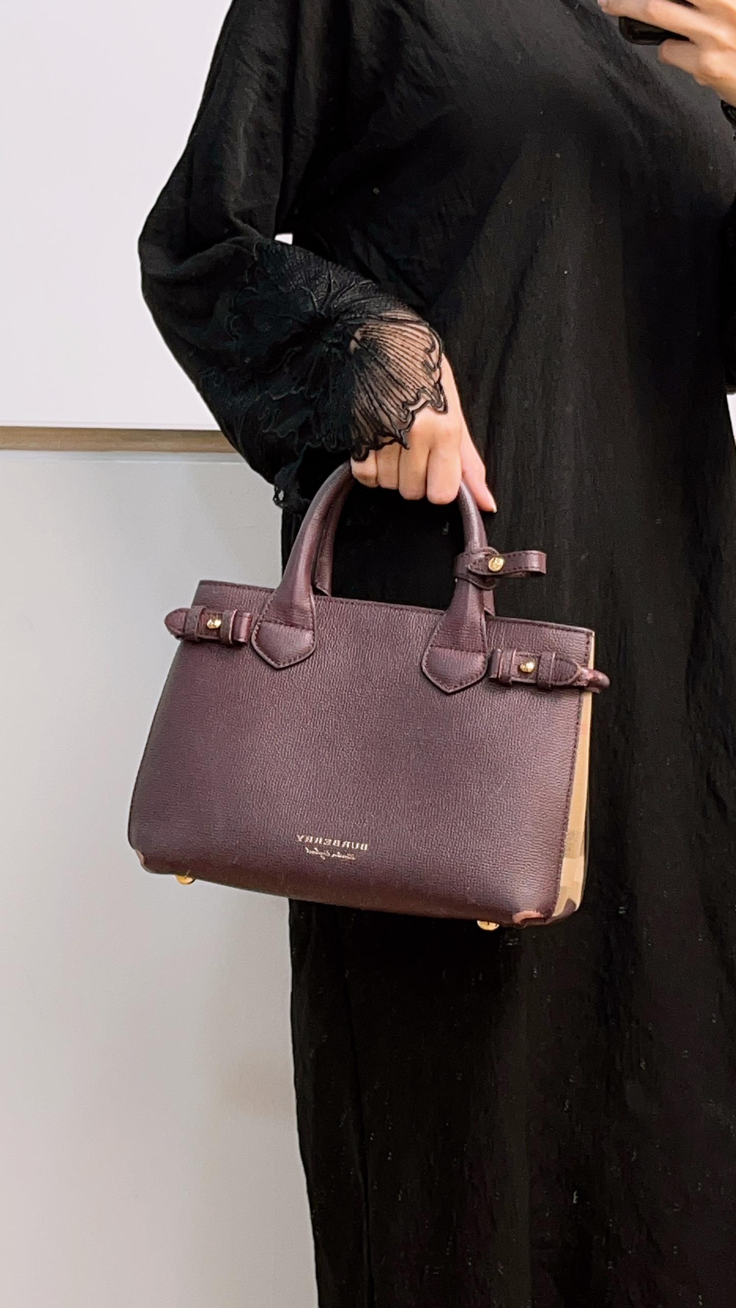Burberry Burgundy Calfskin Banner Tote Small