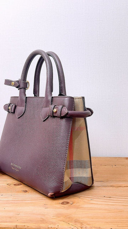Burberry Burgundy Calfskin Banner Tote Small