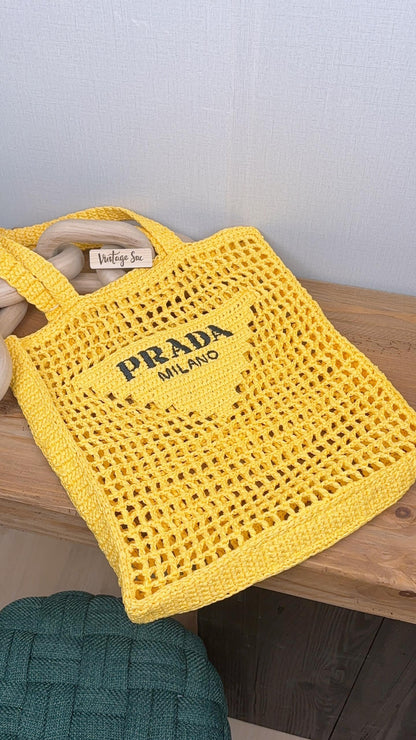 Prada Yellow Crochet Raffia Tote