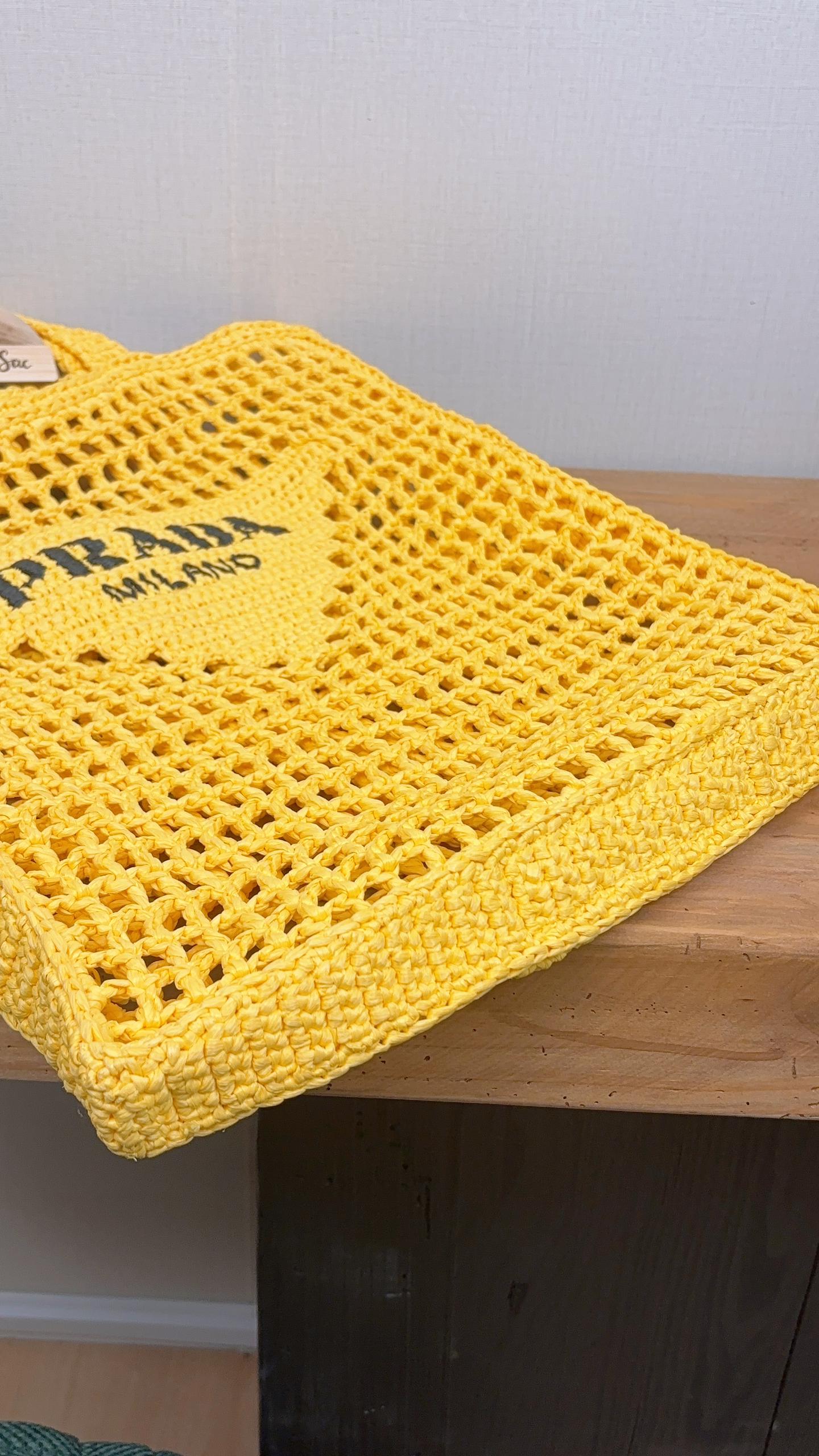 Prada Yellow Crochet Raffia Tote