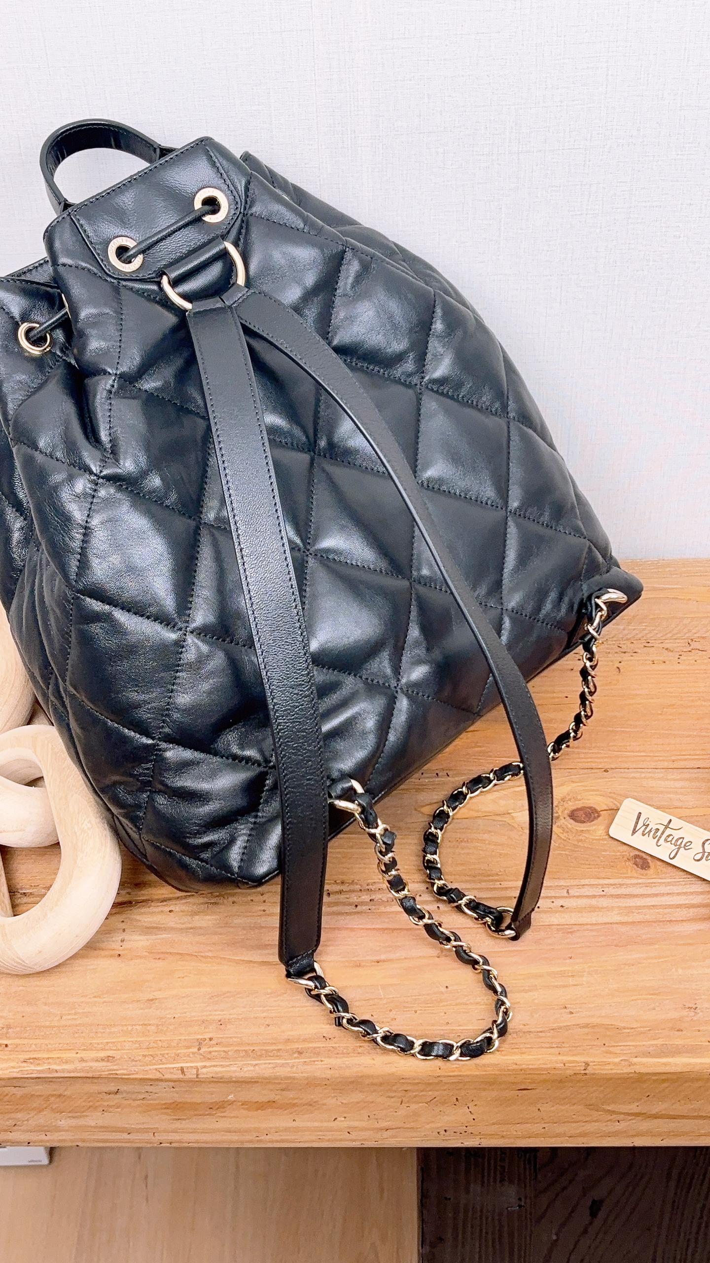 Chanel Black Lambskin Quilted Rucksack Drawstring Backpack (LGHW)