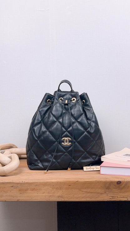 Chanel Black Lambskin Quilted Rucksack Drawstring Backpack (LGHW)
