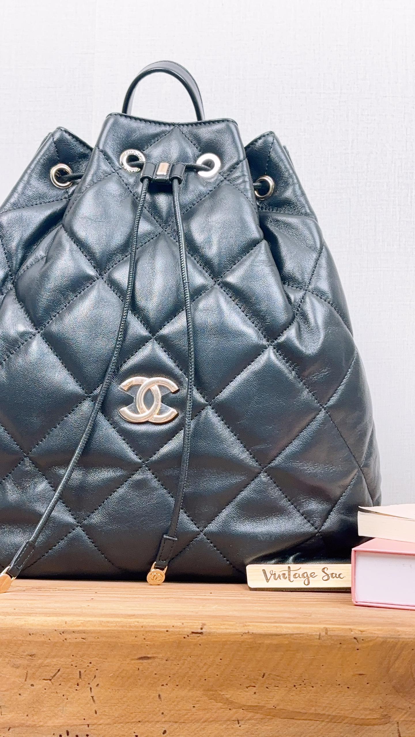 Chanel Black Lambskin Quilted Rucksack Drawstring Backpack (LGHW)