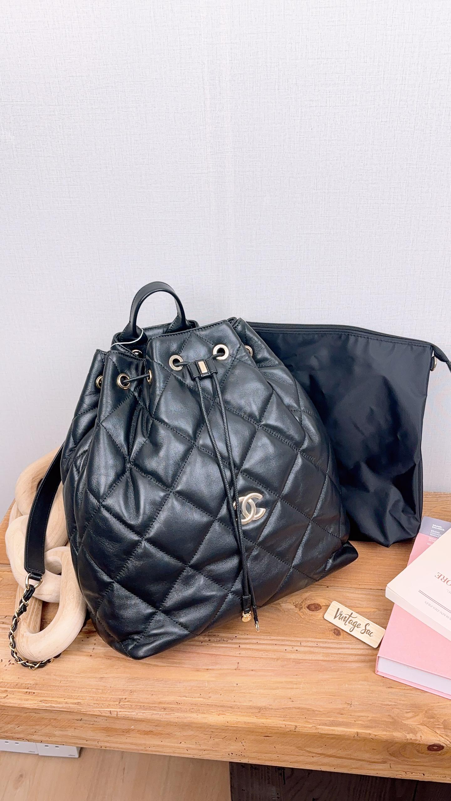 Chanel Black Lambskin Quilted Rucksack Drawstring Backpack (LGHW)