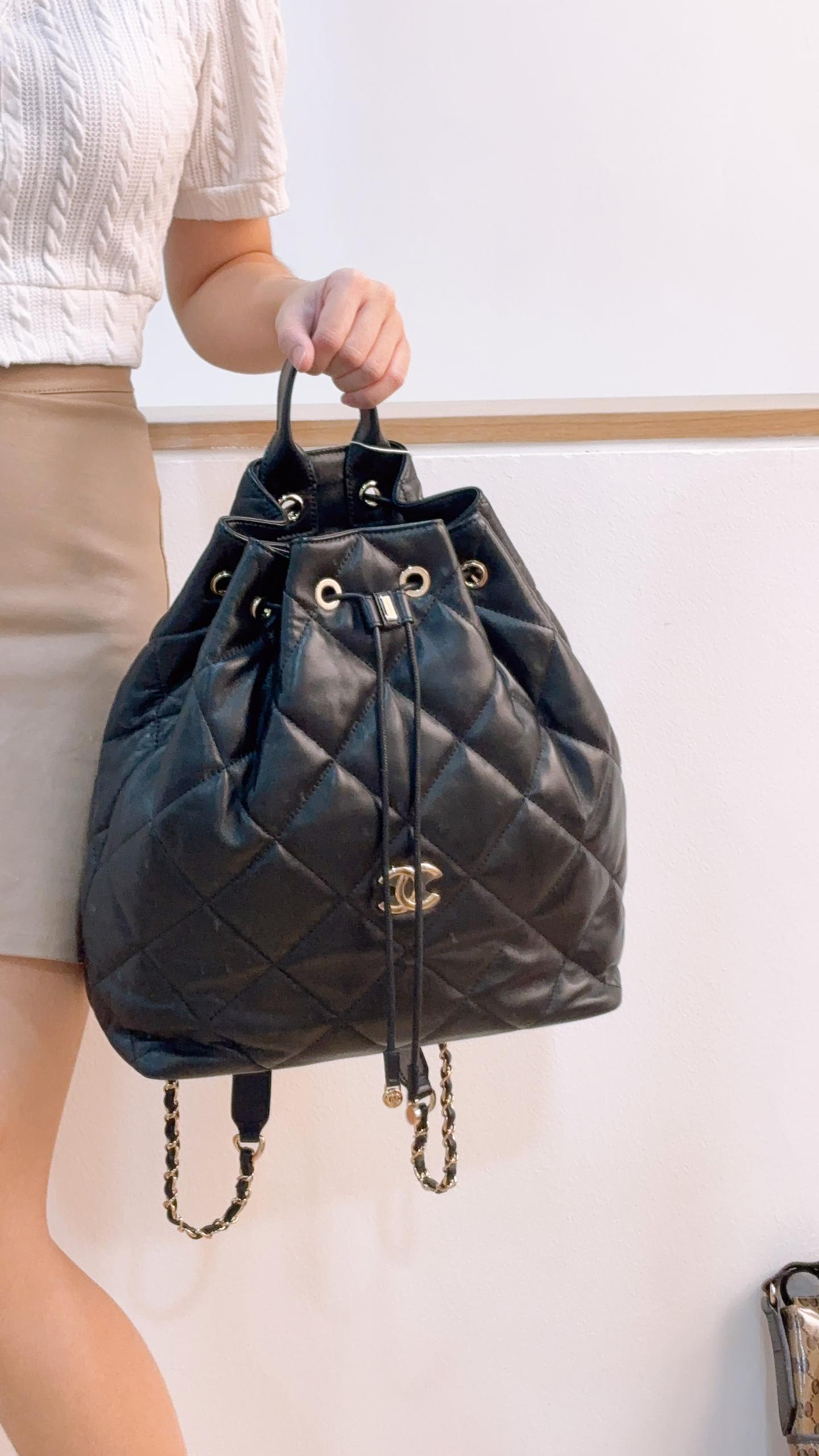 Chanel Black Lambskin Quilted Rucksack Drawstring Backpack (LGHW)