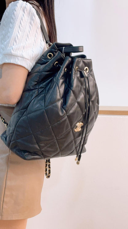 Chanel Black Lambskin Quilted Rucksack Drawstring Backpack (LGHW)