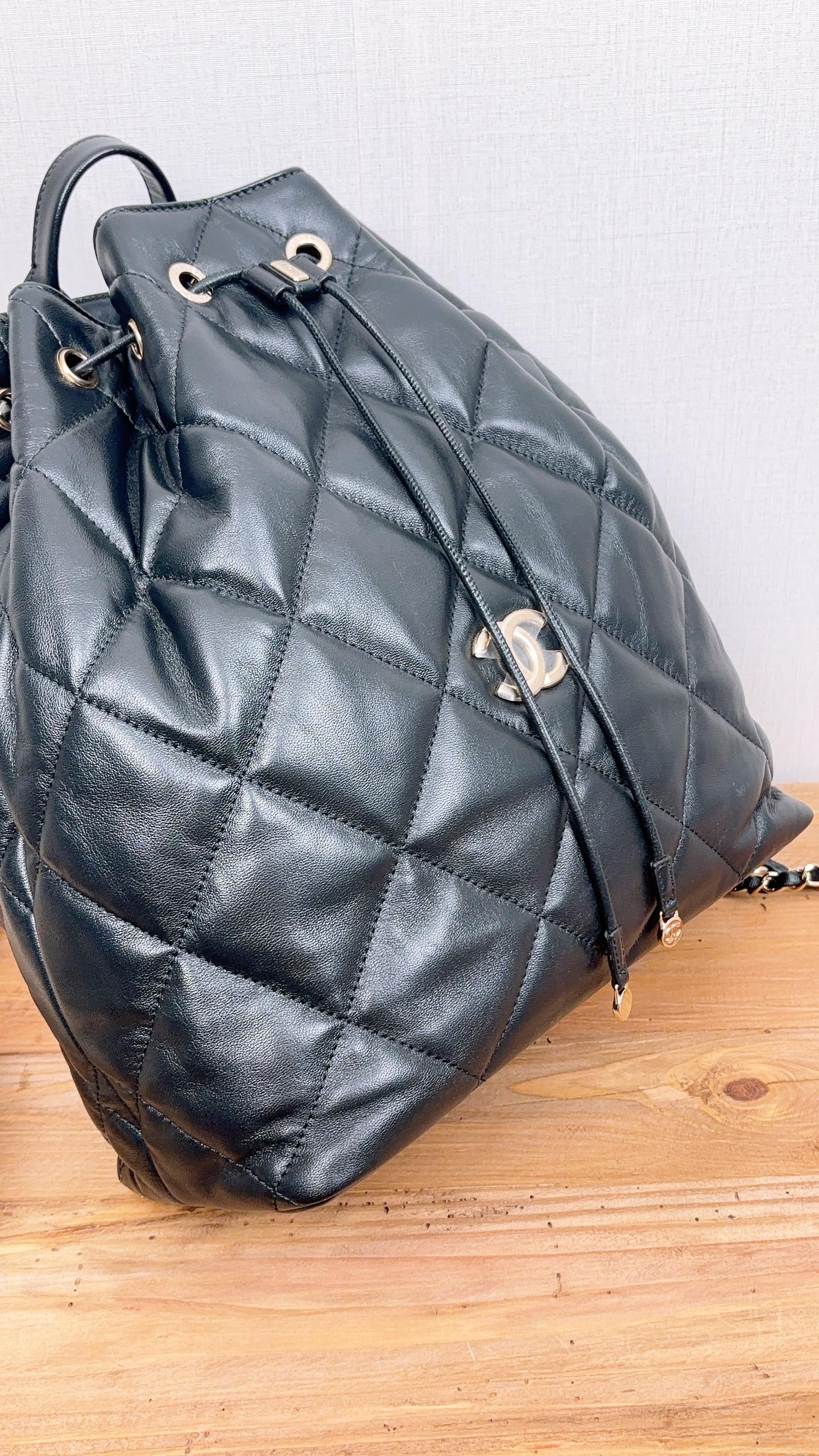 Chanel Black Lambskin Quilted Rucksack Drawstring Backpack (LGHW)