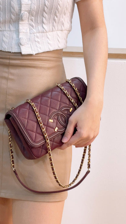 Chanel Burgundy Caviar Filigree Small Flap Bag (GHW)