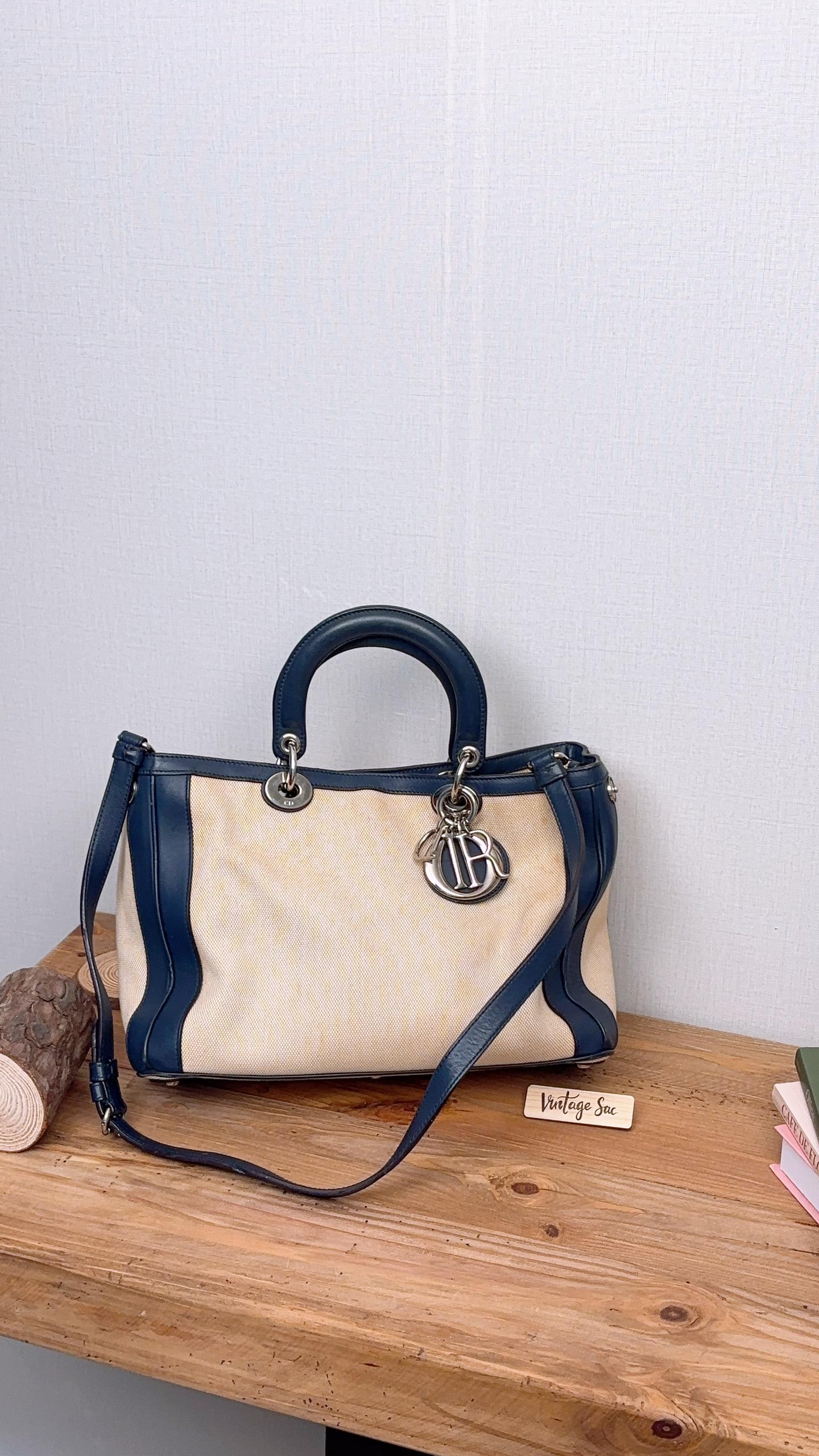 Dior Blue x Beige Canvas Diorissimo Medium 2 Way Bag
