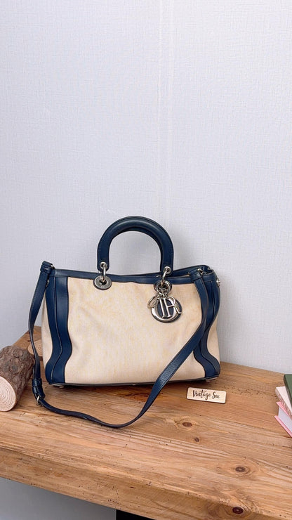 Dior Blue x Beige Canvas Diorissimo Medium 2 Way Bag
