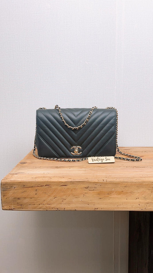 Chanel Black Calfskin Chevron 24cm Statement Flap (GHW)