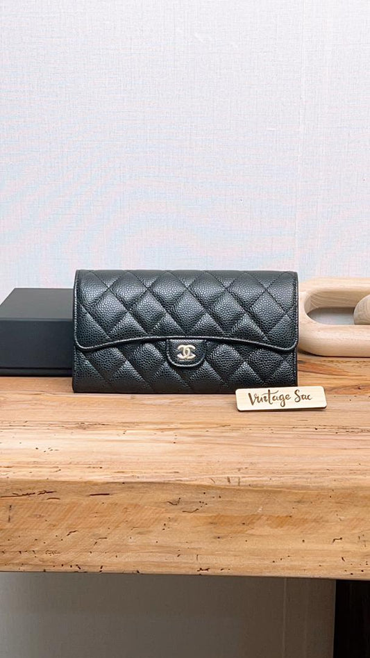 Chanel Black Caviar Bifold Classic Long Wallet (GHW)