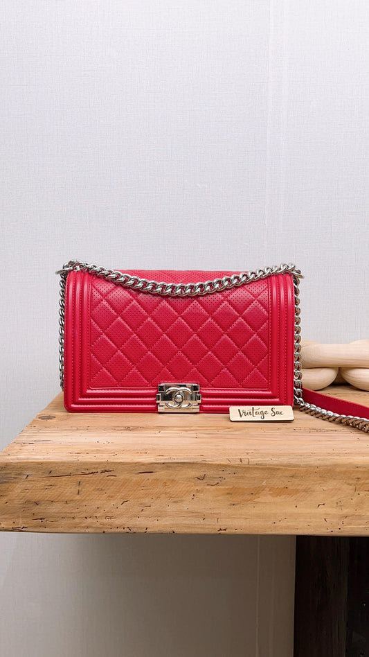 Chanel Red Lambskin Perforated New Medium Boy (SHW)