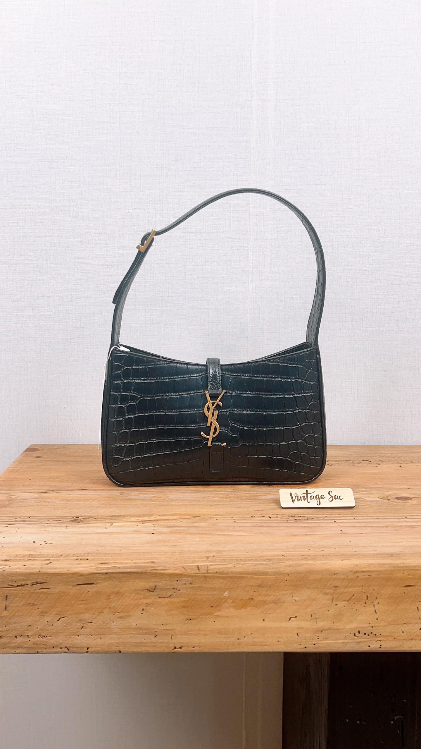 YSL Le5A7 Black Croc Embossed Hobo (GHW)