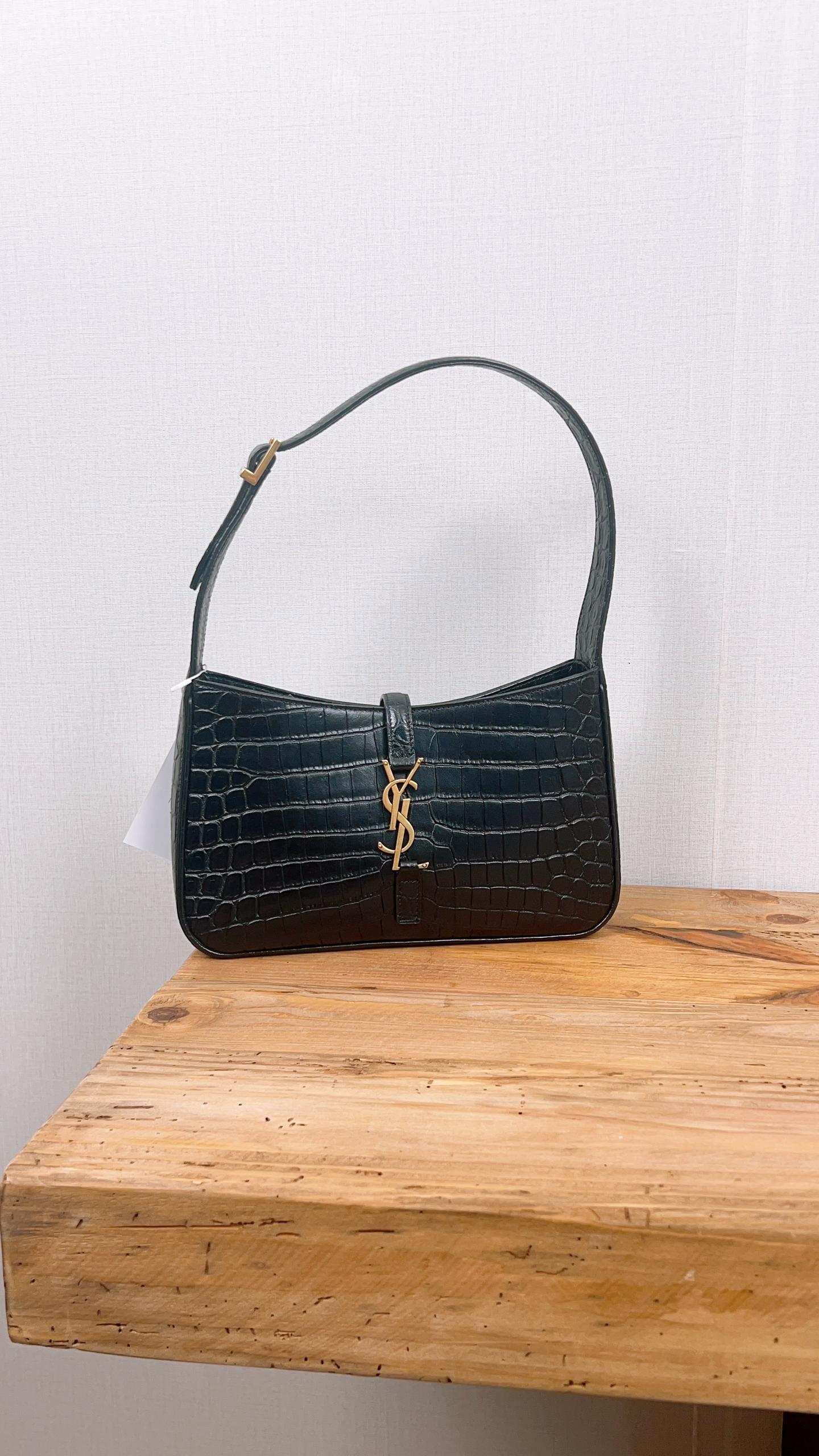 YSL Le5A7 Black Croc Embossed Hobo (GHW)