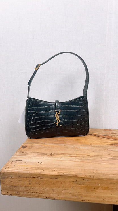 YSL Le5A7 Black Croc Embossed Hobo (GHW)