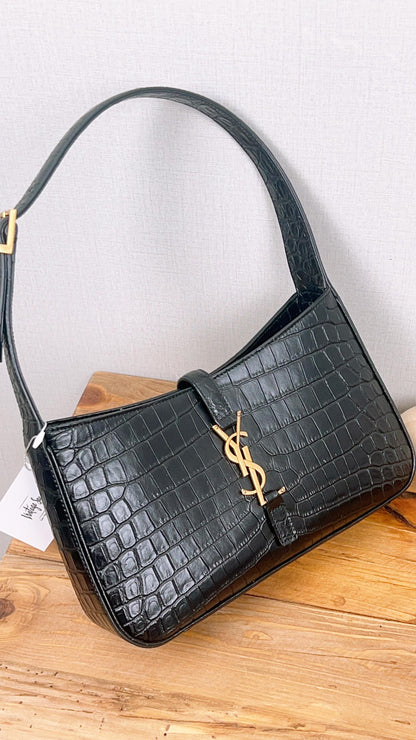 YSL Le5A7 Black Croc Embossed Hobo (GHW)