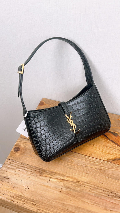 YSL Le5A7 Black Croc Embossed Hobo (GHW)