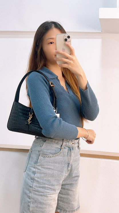 YSL Le5A7 Black Croc Embossed Hobo (GHW)