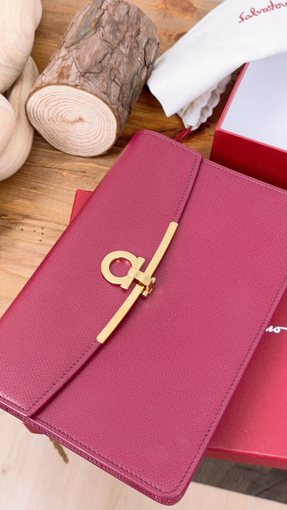 Salvatore Ferragamo Maroon Calfskin Gancini Chain Bag