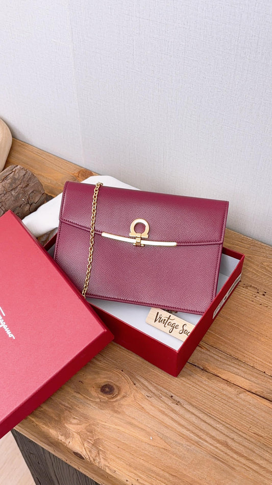 Salvatore Ferragamo Maroon Calfskin Gancini Chain Bag