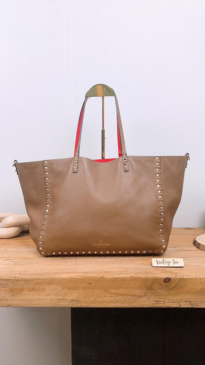 Valentino Garavani Brown x Red Rockstud Reversible Tote