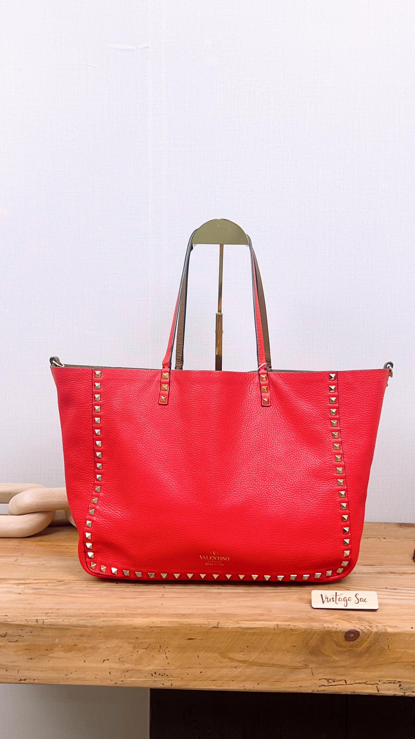 Valentino Garavani Brown x Red Rockstud Reversible Tote