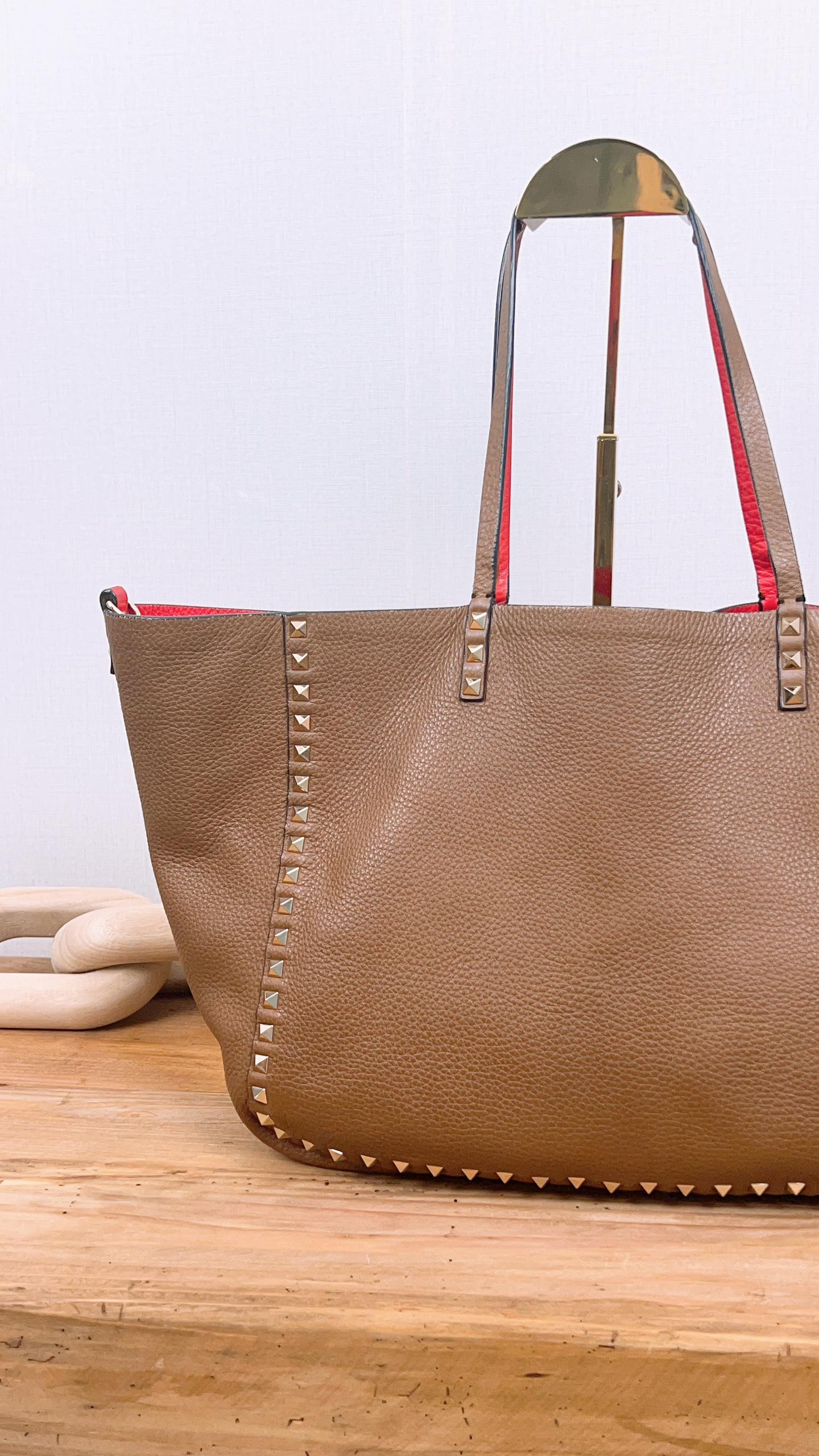 Valentino Garavani Brown x Red Rockstud Reversible Tote