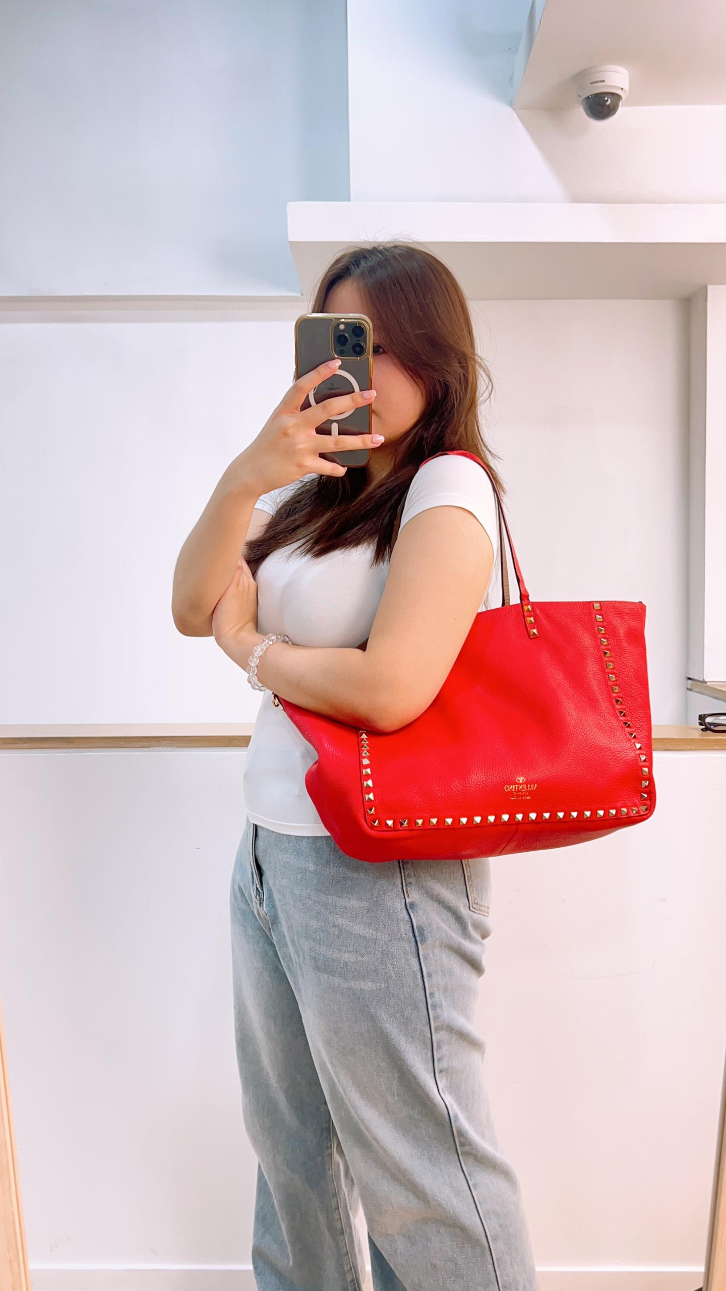 Valentino Garavani Brown x Red Rockstud Reversible Tote