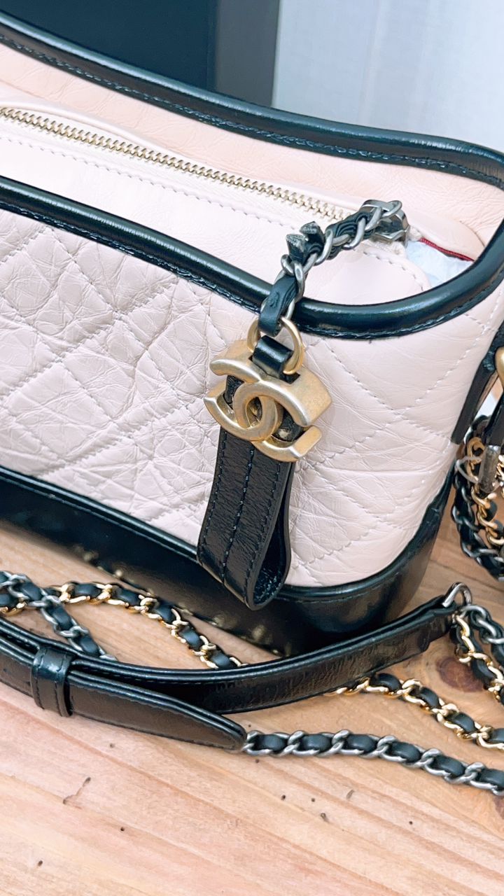 Chanel Beige Black Aged Calfskin Quilted Small Gabrielle Hobo