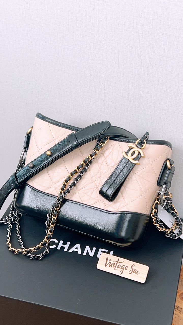 Chanel Beige Black Aged Calfskin Quilted Small Gabrielle Hobo