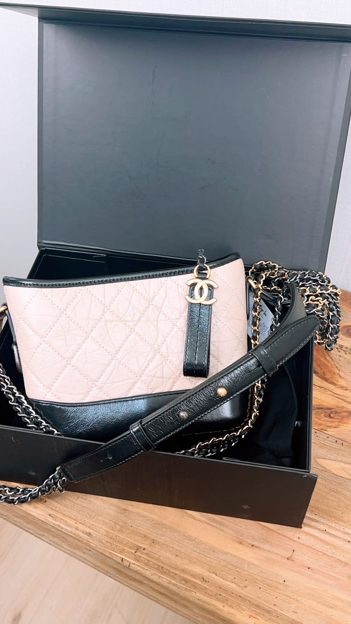 Chanel Beige Black Aged Calfskin Quilted Small Gabrielle Hobo